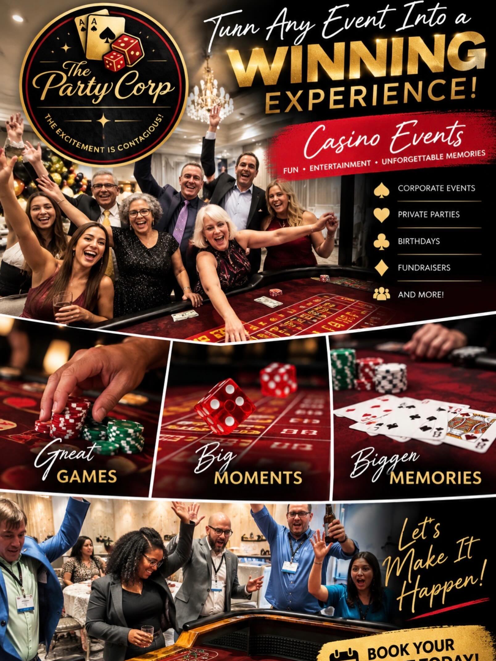 🎲♠️ LET THE GOOD TIMES ROLL! 🎉

Who says you need to go to Vegas to have a Winning Night? We bring the casino excitement straight to YOUR event! 🃏✨

Blackjack, roulette, craps, great music, lots of laughs, and friendly dealers who keep the fun going!

🥳 Corporate parties, birthdays, fundraisers, private celebrations—you bring the guests, we’ll bring the FUN!

🎲 Ready to turn your next event into a WINNING EXPERIENCE? Message us and let’s make it happen!

#ThePartyCorp #CasinoNight #CasinoParty #FloridaEvents #EventEntertainment